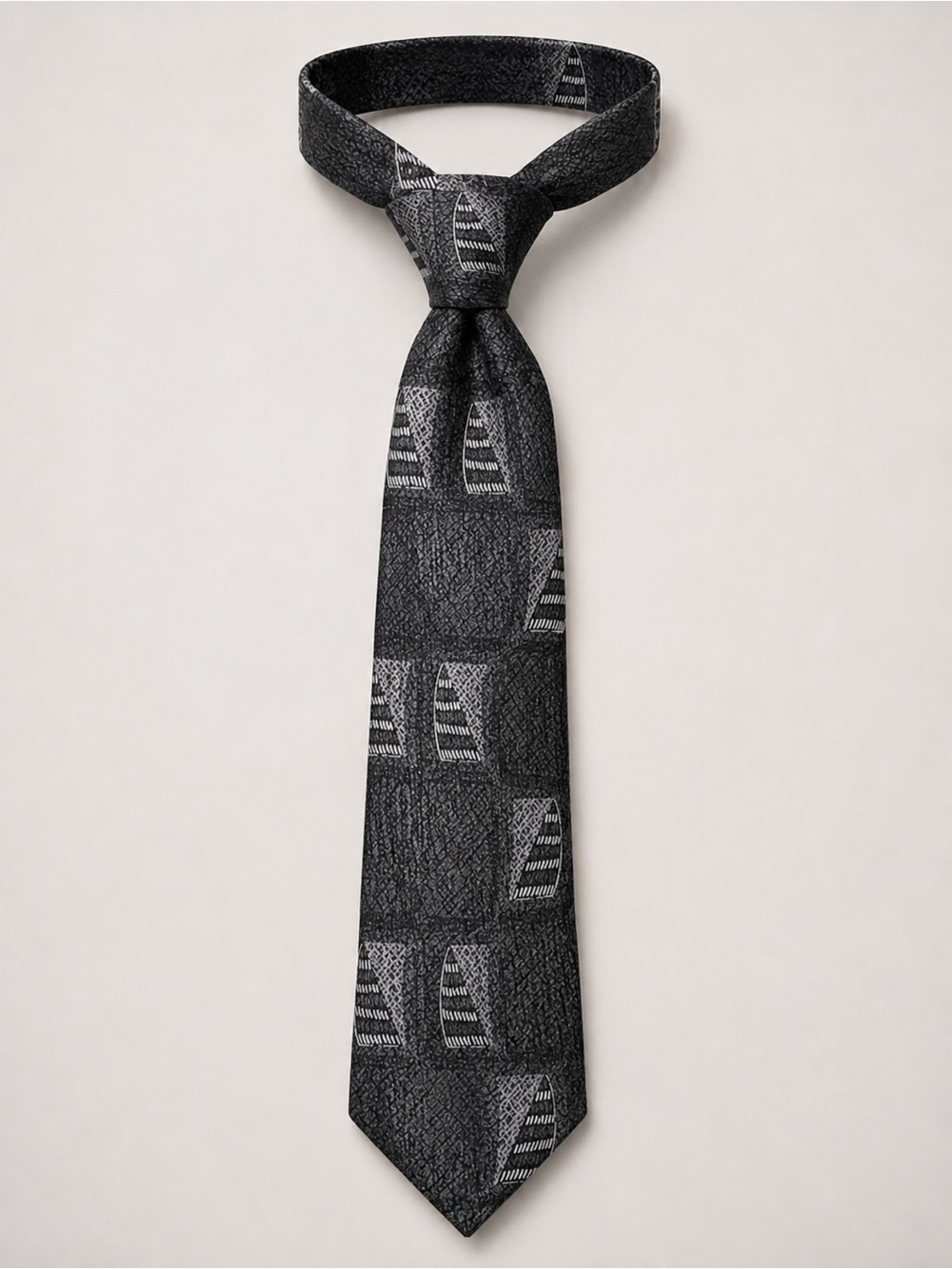 100% Silk Men's Black Geometric Jacquard Tie - Conte di Milano
